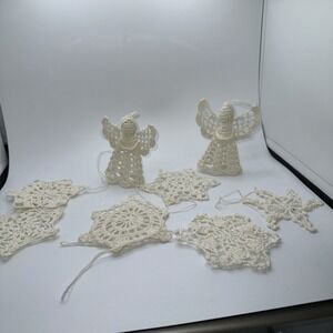 Handmade Ivory Crochet Angel Snowflake Christmas Ornaments Set Of 8 Vintage